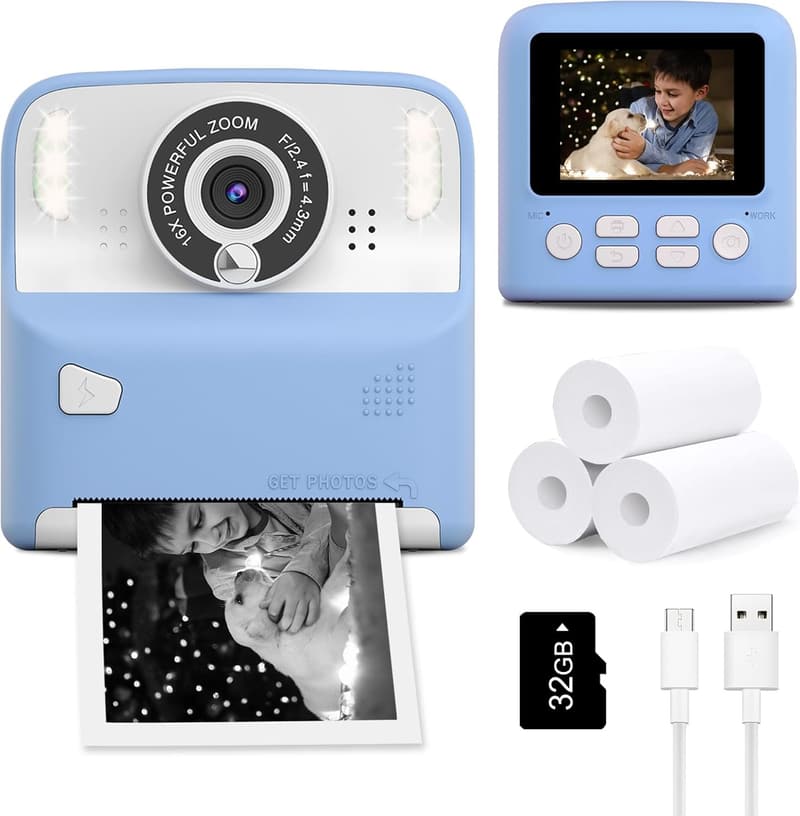 Kids' Instant Print Camera - Portable Digital Selfie Toy (Blue)
