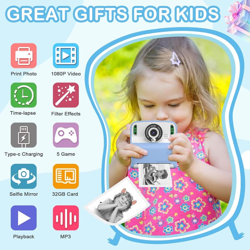 Kids' Instant Print Camera - Portable Digital Selfie Toy (Blue)