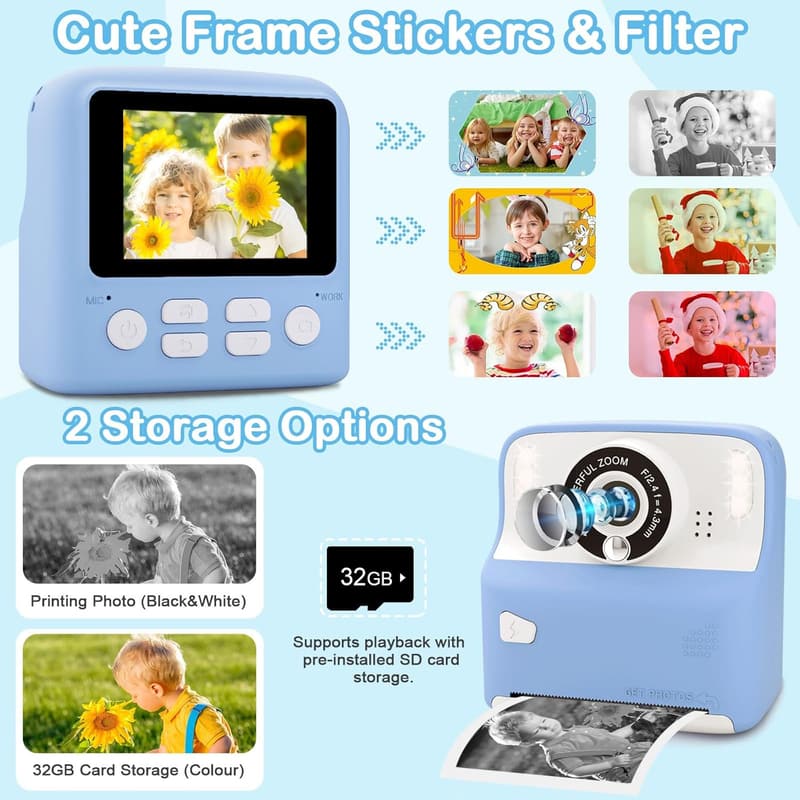 Kids' Instant Print Camera - Portable Digital Selfie Toy (Blue)