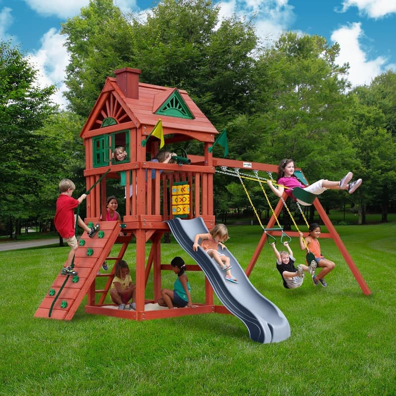 Nantucket II Wooden Swing Set with Roof, Swings & Slide