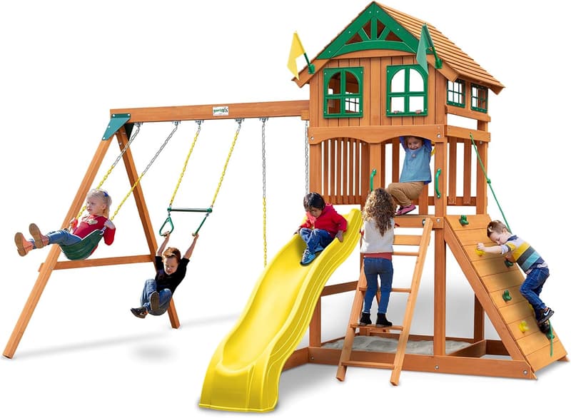 Wooden Swing Set with Roof & Yellow Slide for Outdoor Play