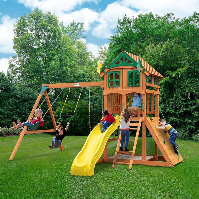Wooden Swing Set with Roof & Yellow Slide for Outdoor Play