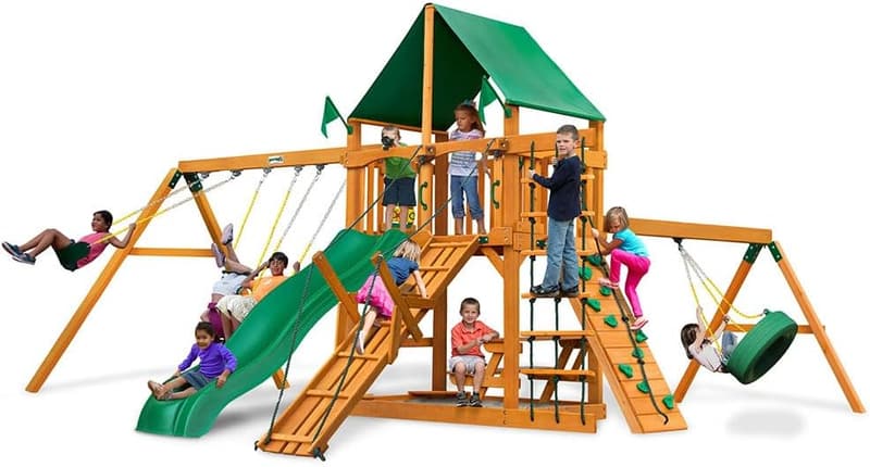 Frontier Wooden Swing Set with Canopy and Tire Swing
