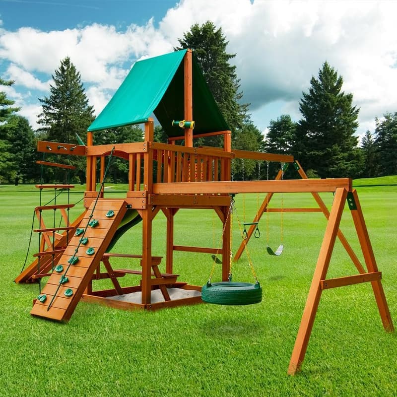 Frontier Wooden Swing Set with Canopy and Tire Swing