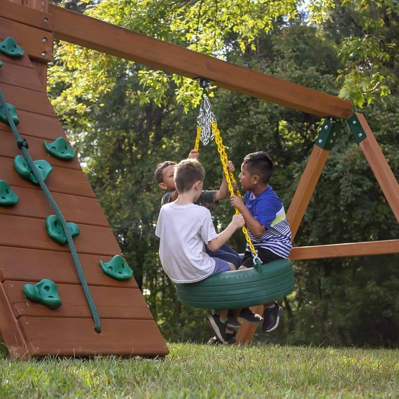 Frontier Wooden Swing Set with Canopy and Tire Swing
