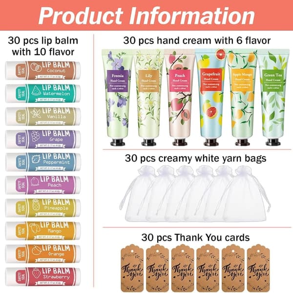 Bridal Shower Gift Set: 30 Hand Creams & Lip Balms with Bags