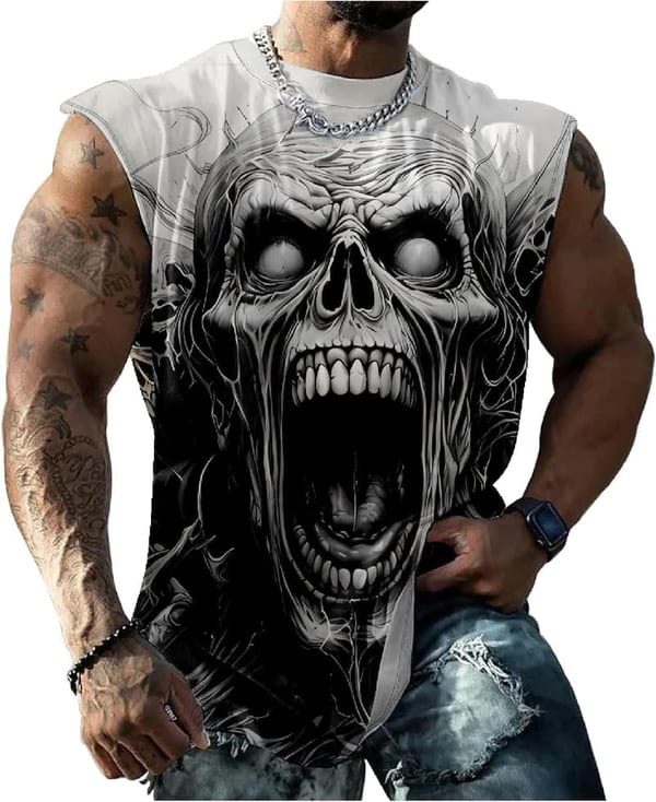 Men's Skull Print Sleeveless Cotton Tank Top for Casual Wear