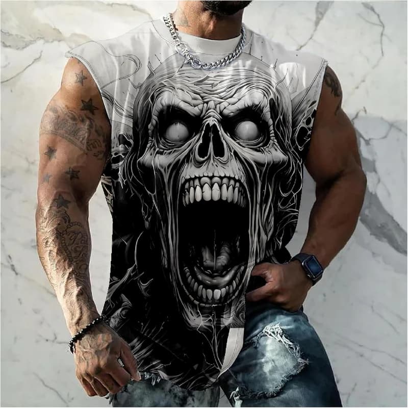 Men's Skull Print Sleeveless Cotton Tank Top for Casual Wear