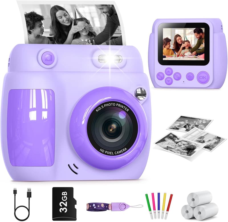 Kids Instant Print Camera with 3 Rolls & 32GB Card - Birthday Gift