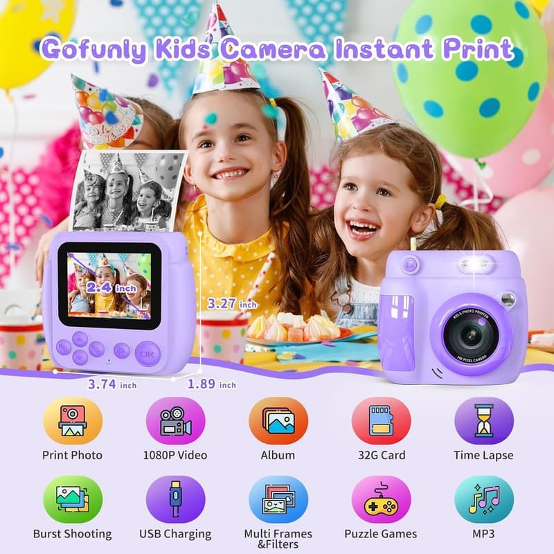 Kids Instant Print Camera with 3 Rolls & 32GB Card - Birthday Gift