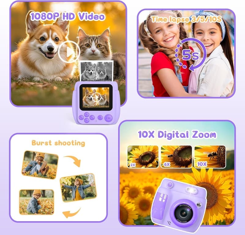 Kids Instant Print Camera with 3 Rolls & 32GB Card - Birthday Gift
