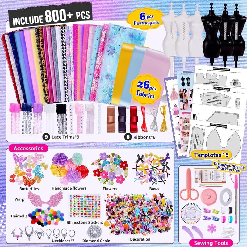 Designer Sewing Kit for Girls - 800+ Pcs with 6 Mannequins