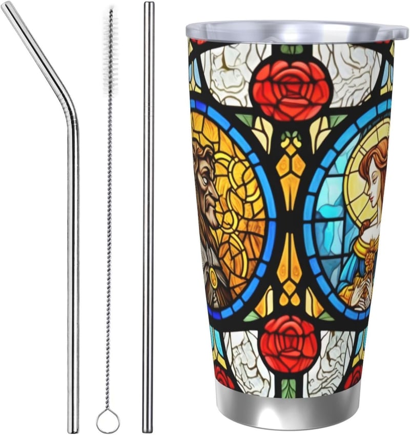 Fairytale Glass Stainless Steel Double Wall Mugs with Lids and Straws