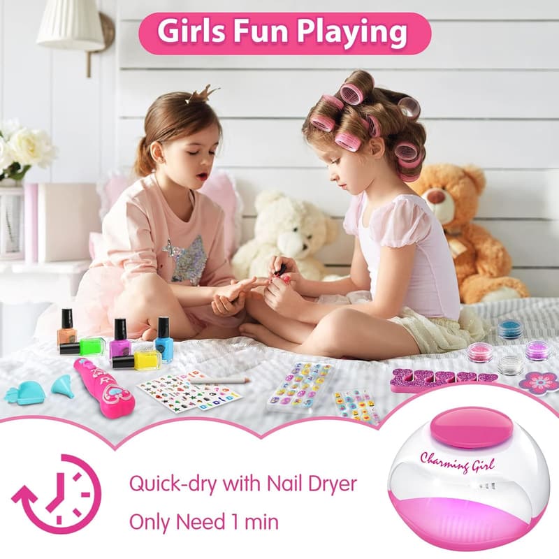 Kids Nail Art Set with Quick-Dry Polish & Nail Dryer - Ages 6-12