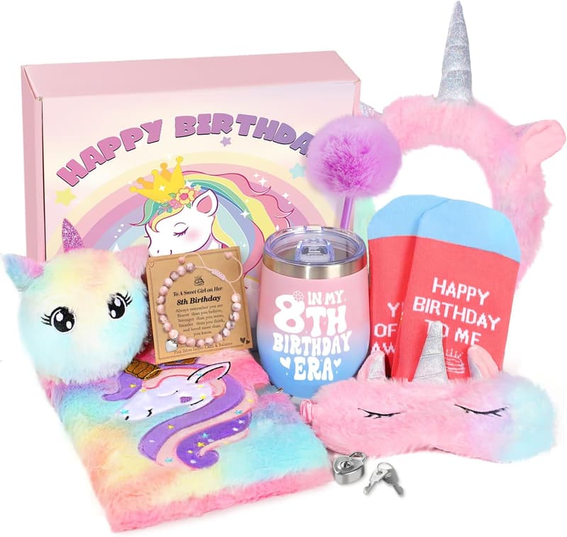 8th Birthday Gift Set for Girls - Wine Tumbler, Diary, Headband, Eye Mask