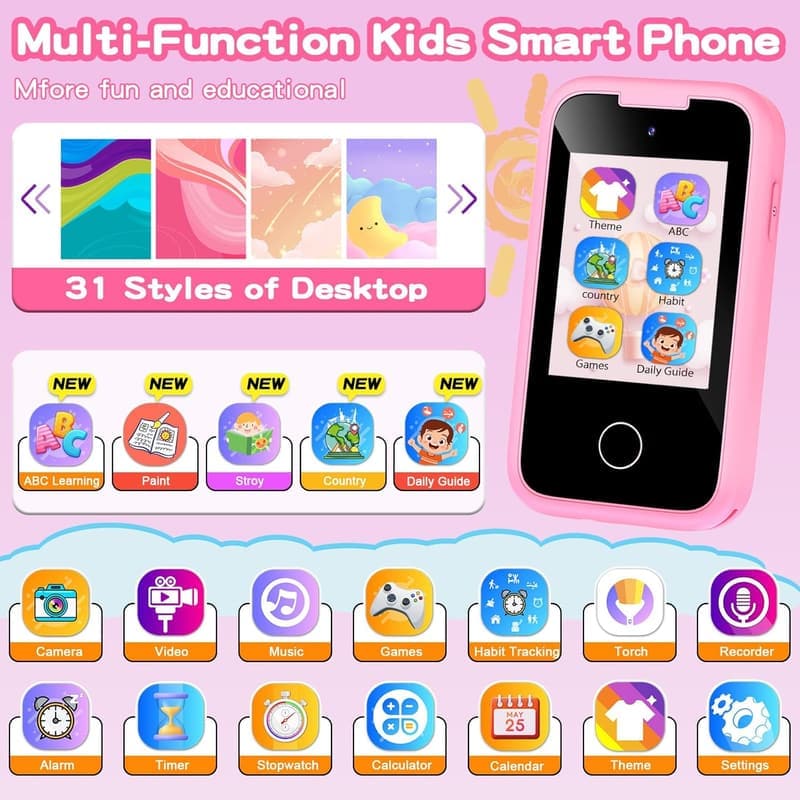Educational Smart Phone Toy for Kids Age 3-8 - Pink