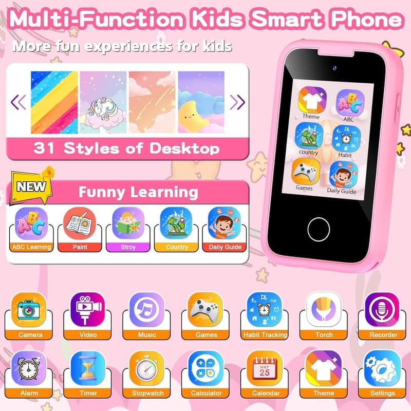 Kids Touchscreen Phone Toy for Girls, Pink, Age 3-9