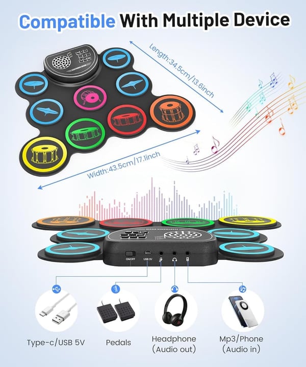 Roll-Up Electronic Drum Set for Kids with Headphone Jack