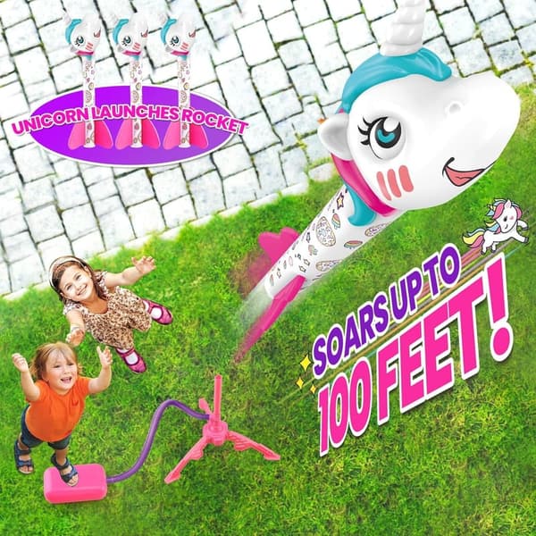 Children's Unicorn Rocket Launcher - Outdoor Toy, 100 Ft Launch, 3 Rockets