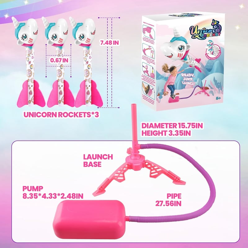 Children's Unicorn Rocket Launcher - Outdoor Toy, 100 Ft Launch, 3 Rockets