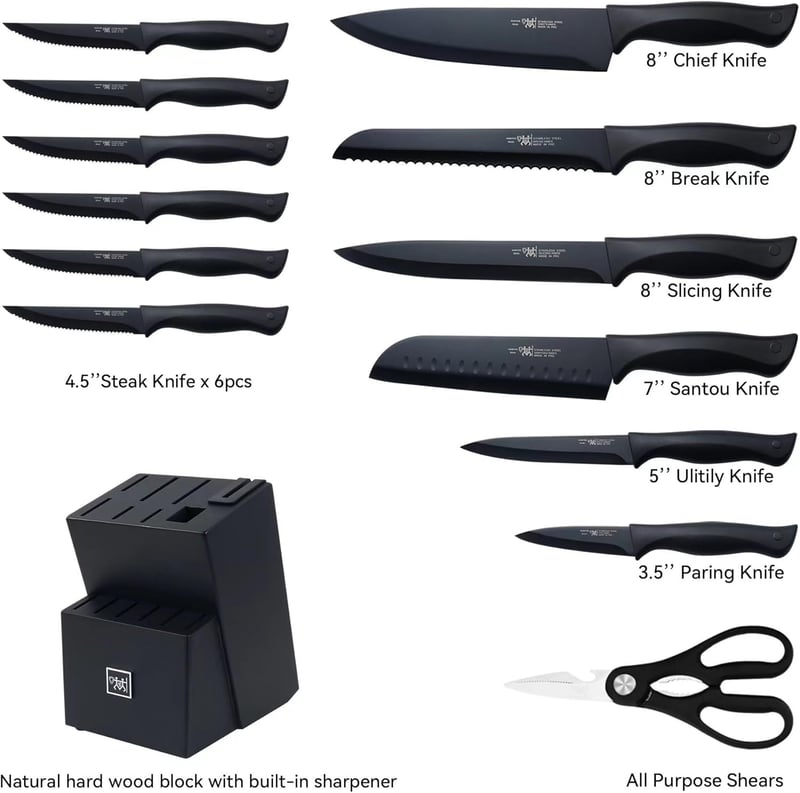 Self-Sharpening 15-Pc Kitchen Knife Set with Black Block