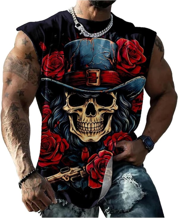Men's Skull Print Casual Cotton Tank Top - Sleeveless Muscle Shirt