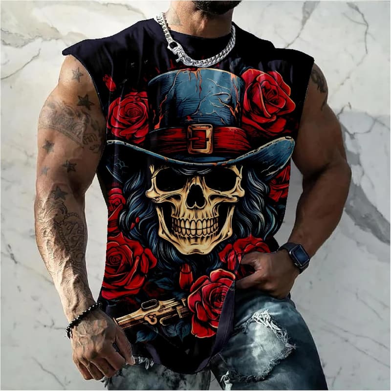 Men's Skull Print Casual Cotton Tank Top - Sleeveless Muscle Shirt