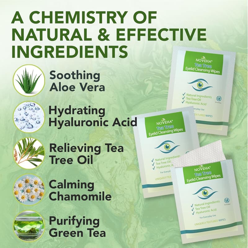 Tea Tree Oil Eyelid & Lash Wipes with Hyaluronic Acid – 60 pcs