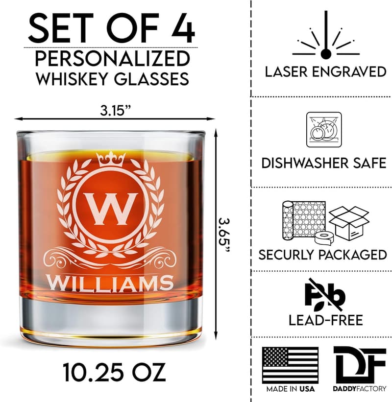 Personalized Engraved Whiskey Glass Set of 4 - 10.25 oz