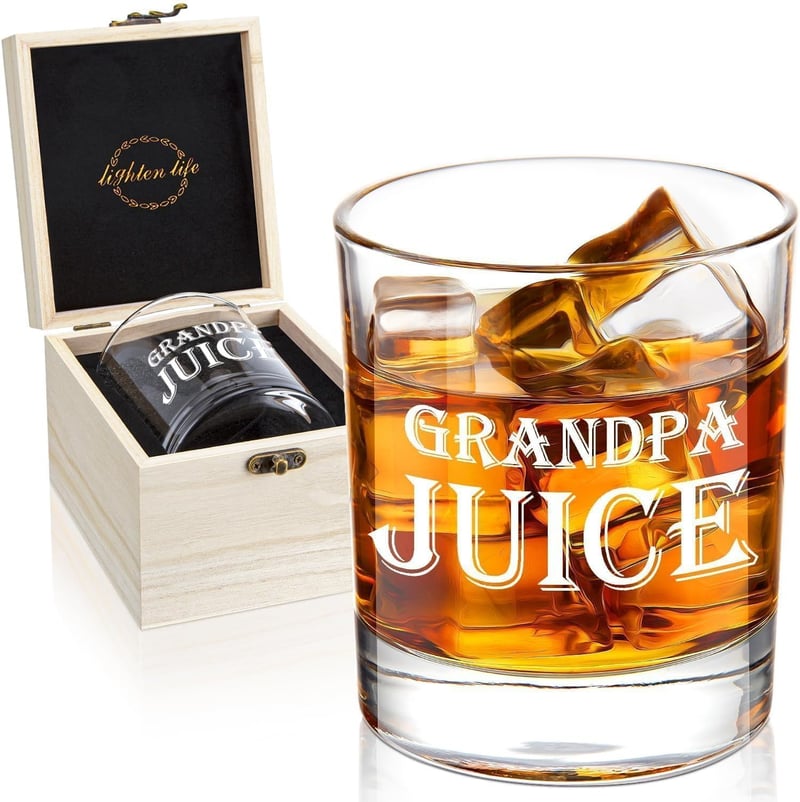 Unique Grandpa Juice Whiskey Glass Gift with Wooden Box, 12 oz