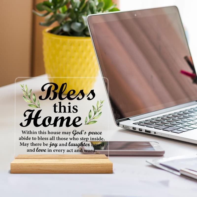 Christian Bless This Home Acrylic Sign with Wooden Stand