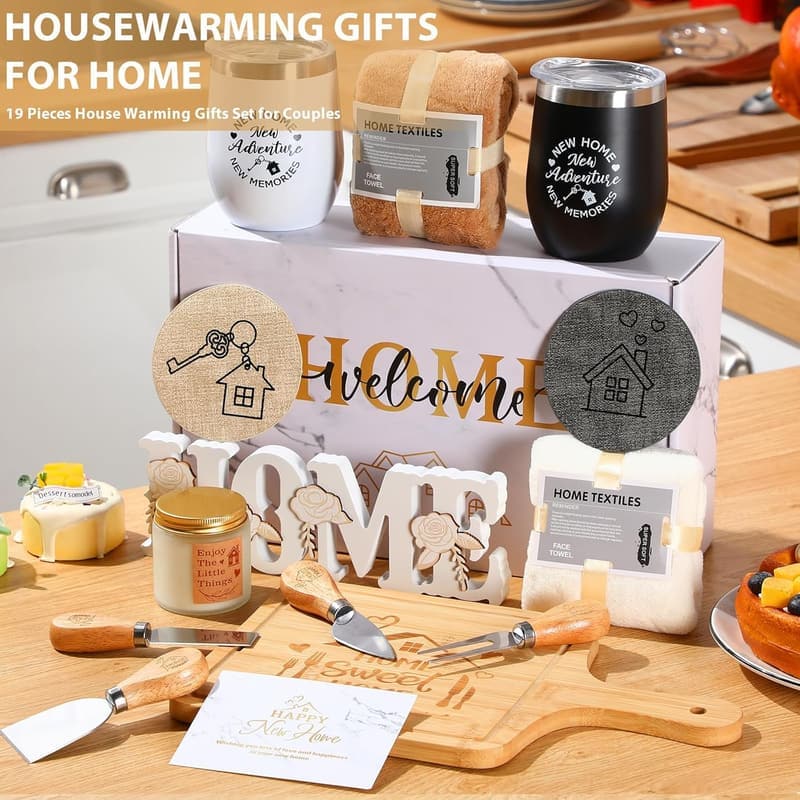 New Home Housewarming Gift Set for Couples - 19-Piece Marbled Kitchen Basket