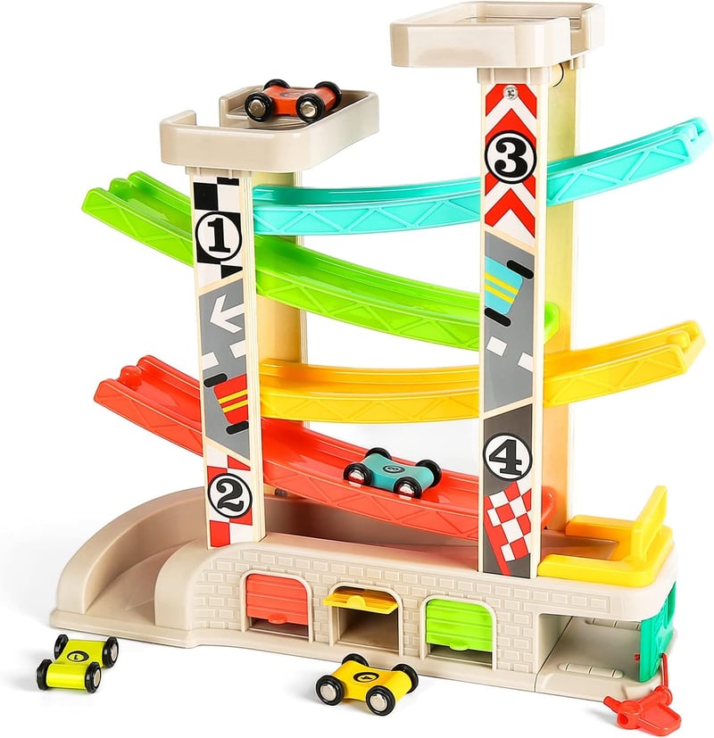 Toddler Car Ramp Race Track Set with Parking & Gas Station