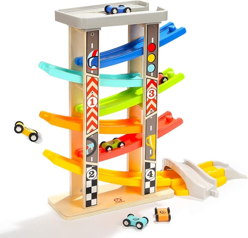 Wooden Race Track Toy Set for Toddlers with 6 Cars & Garage