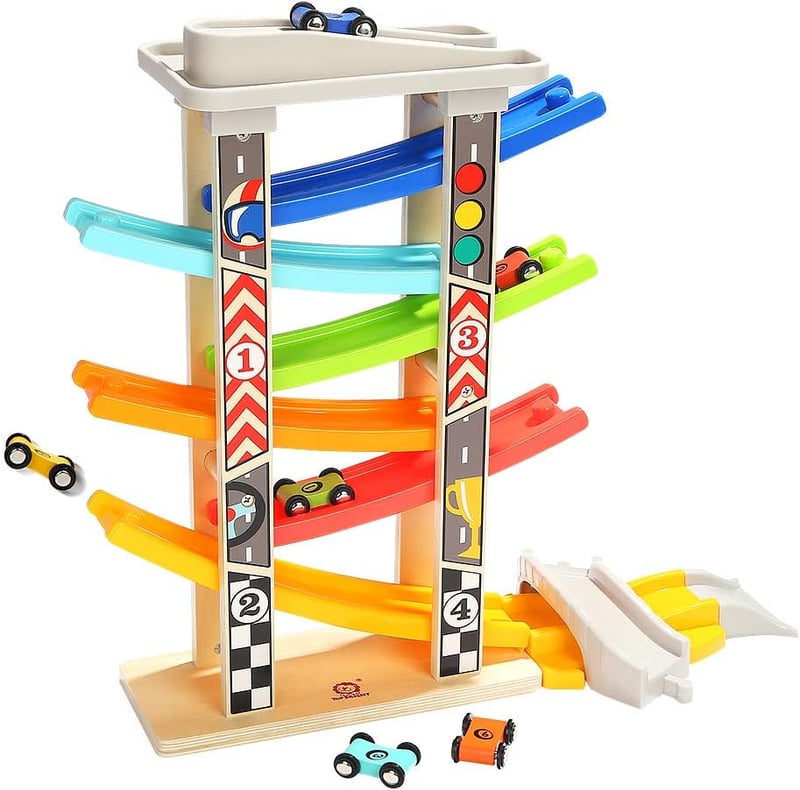 Wooden Race Track Toy Set for Toddlers with 6 Cars & Garage