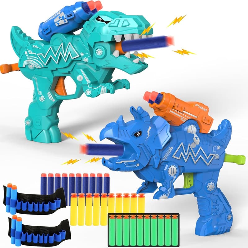 Dinosaur Toy Blaster Set for Boys, 2 Pack with 30 Foam Darts