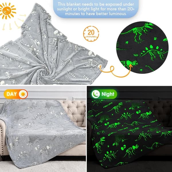 Glow-in-the-Dark Dinosaur Blanket for Kids, Ages 2-11