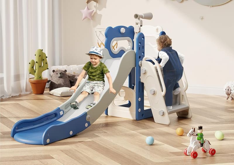 6-in-1 Toddler Indoor/Outdoor Slide Playset with Basketball Hoop