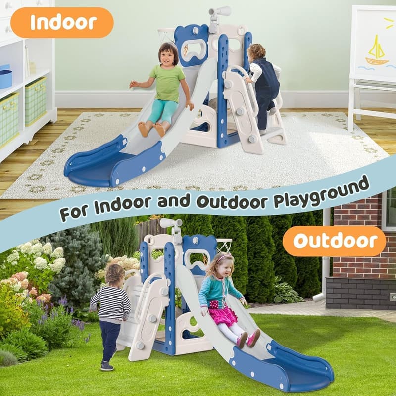 6-in-1 Toddler Indoor/Outdoor Slide Playset with Basketball Hoop