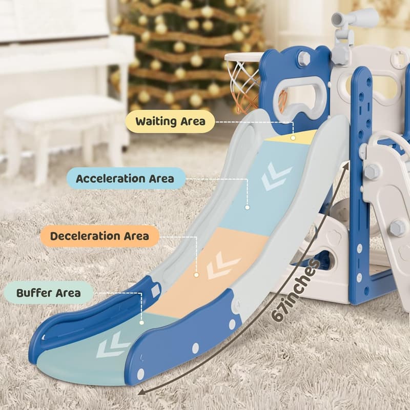 6-in-1 Toddler Indoor/Outdoor Slide Playset with Basketball Hoop