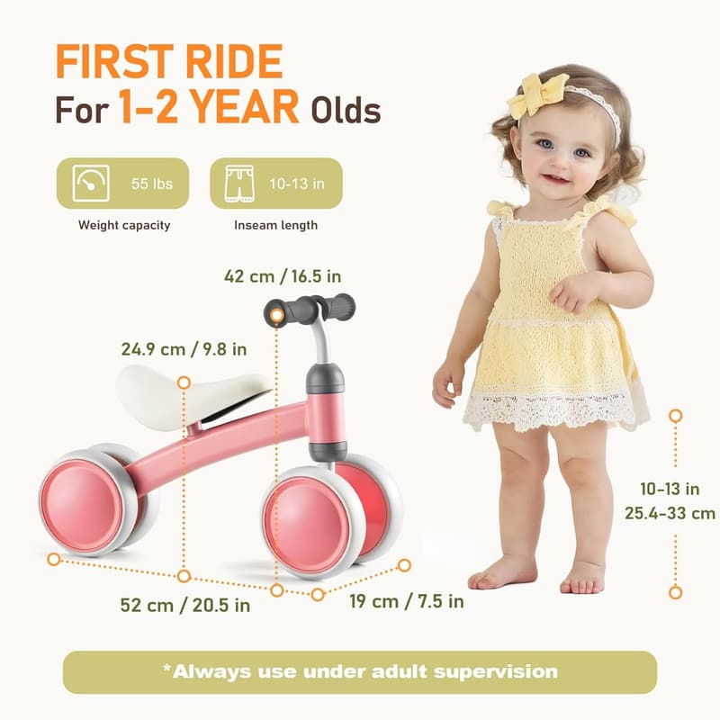 First Birthday Balance Bike for 1-Year-Olds, Pink