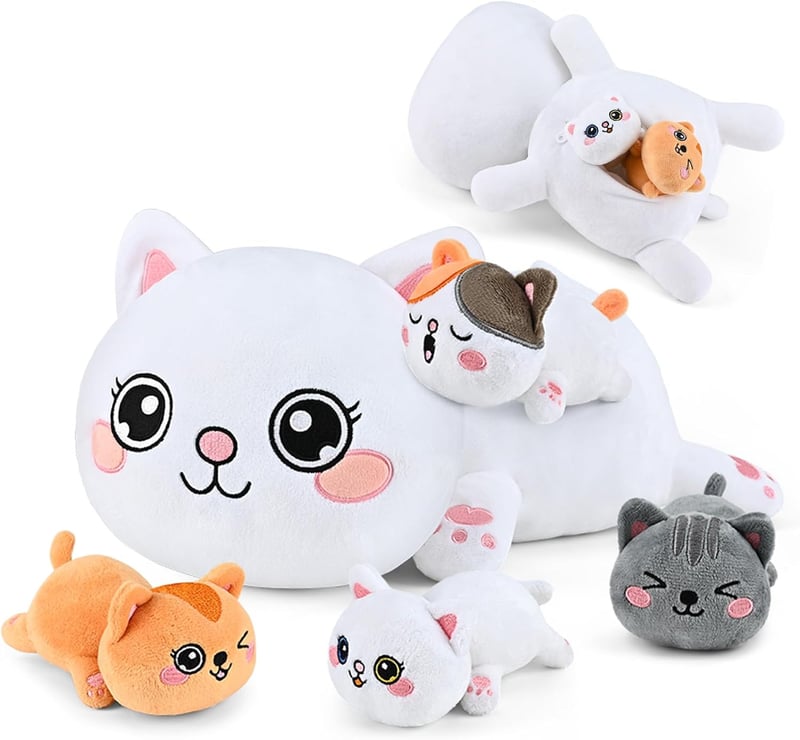 Mommy Cat Plush Toy Set with 4 Kittens - Ideal for Kids 3+