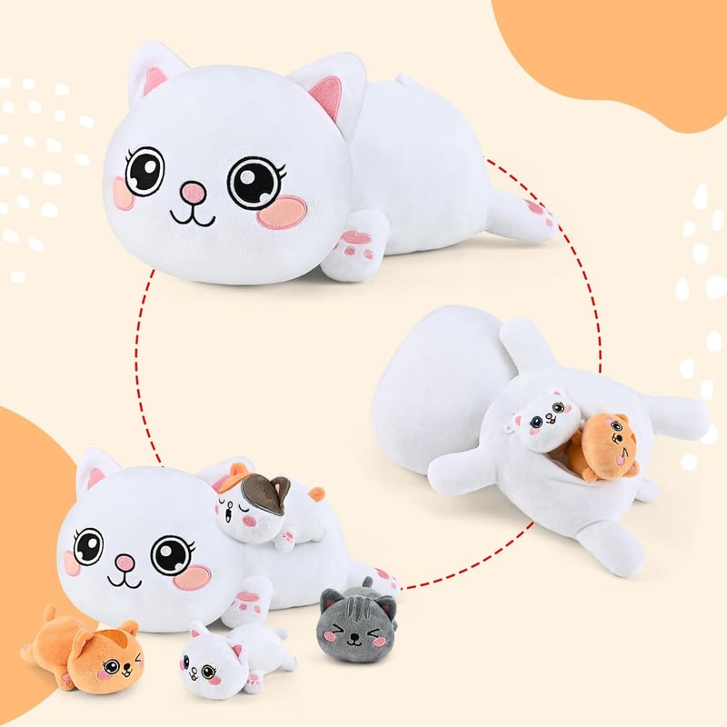Mommy Cat Plush Toy Set with 4 Kittens - Ideal for Kids 3+