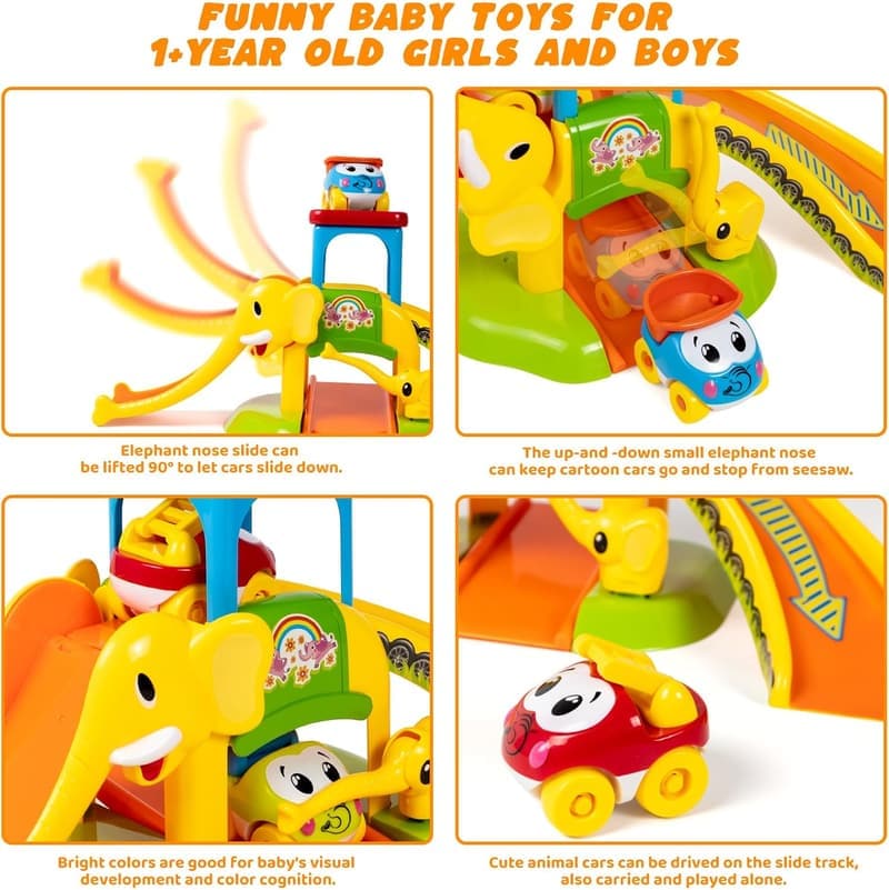 Educational Elephant Slide with 4 Animal Cars - Toddler Toys (1-2 Years)