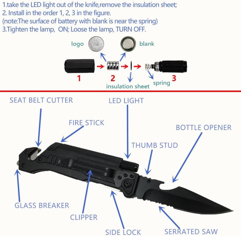 Multi-Function Tactical Folding Pocket Knife with LED Light
