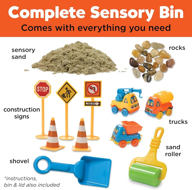 Construction Zone Sensory Bin Playset for Kids Ages 3-5+