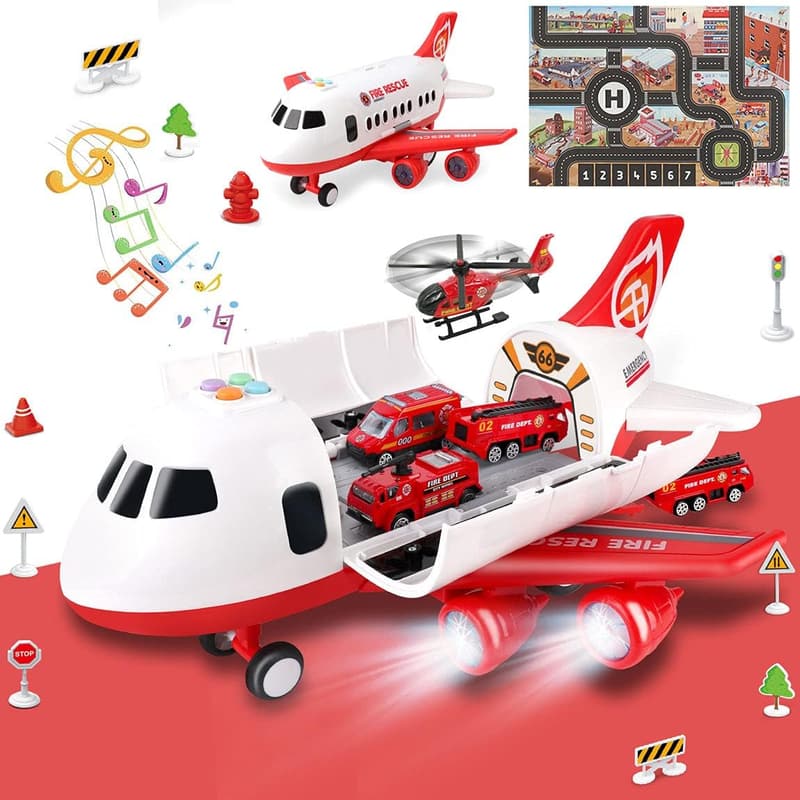 Airplane Toy Set with Fire Trucks and Play Mat for Kids 3+