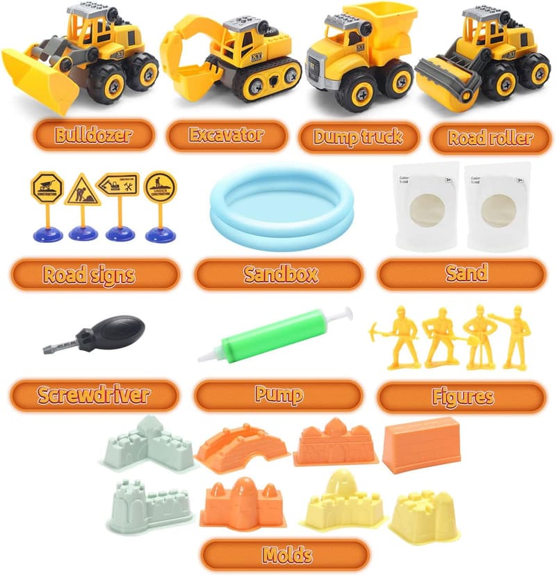 Construction Sand Playset with Trucks, Figures & Molds for Kids