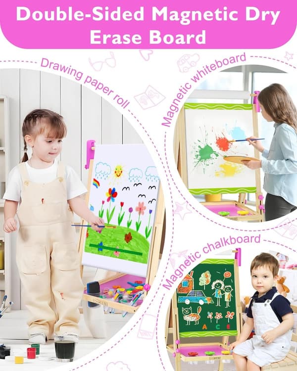 Adjustable Wooden Art Easel with Supplies for Kids Ages 2-7