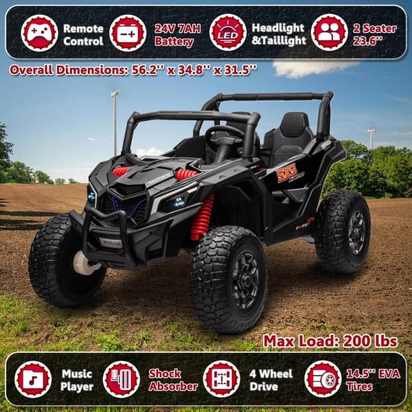 Electric Off-Road UTV for Kids 3-8 Years - 24V, 4X4, Black